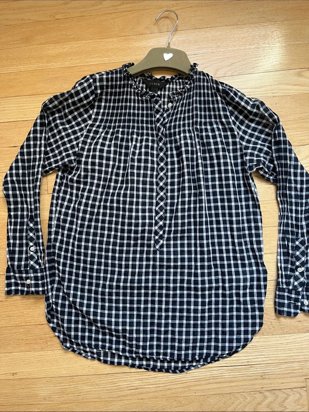 J. Crew Navy and White Gingham 100% Cotton Ruffle Neck Blouse Size 00 Preppy